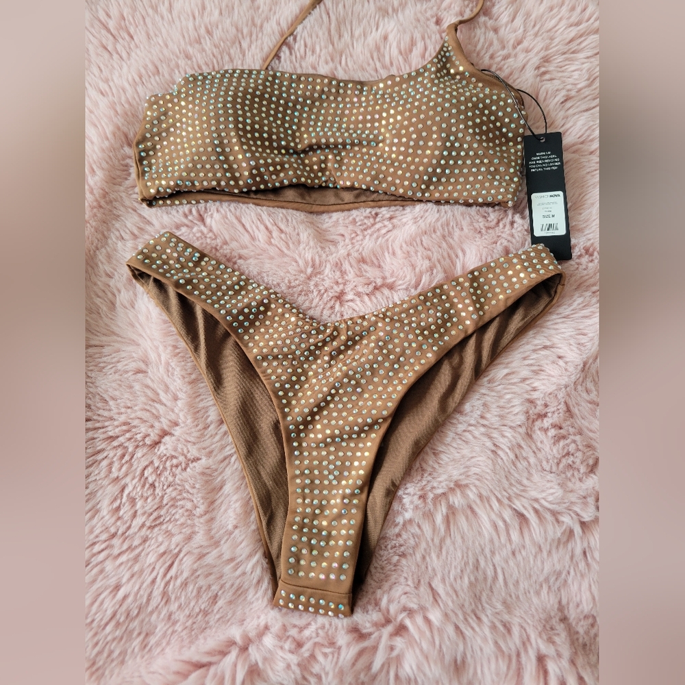 Nina One Shoulder Rhinestone Embellished V-Shaped 2 Piece Bikini - Mocha